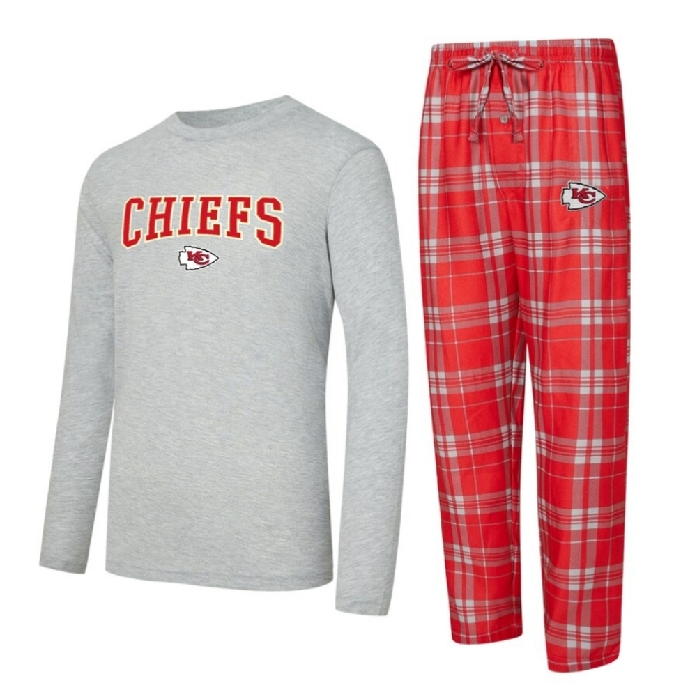 Men's Chiefs Long-Sleeve Pajama Set - Gray Top & Red Plaid Pants